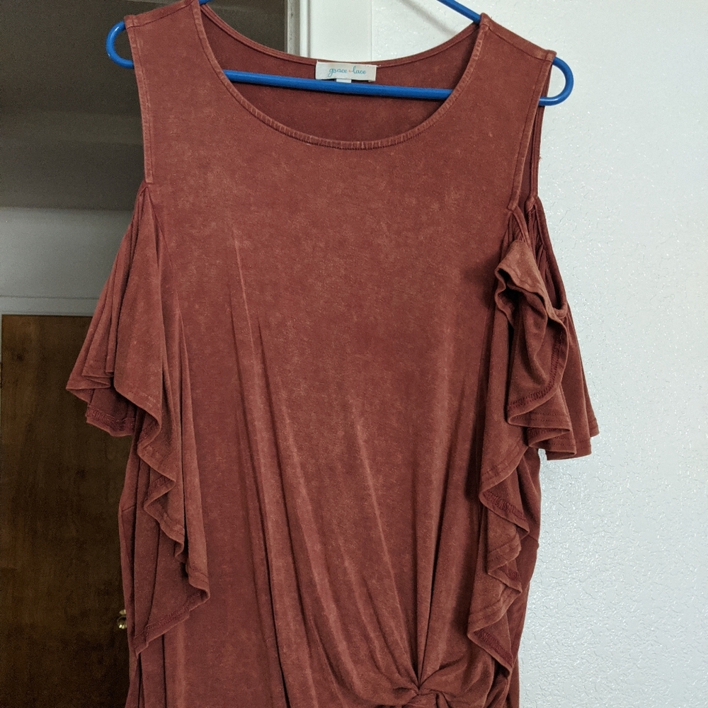 Grace and Lace Cold Shoulder Ruffle Top
